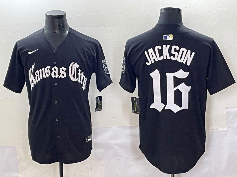 Men 2025 Kansas City Royals #16 Jackson Black Five generations Joint Name Nike MLB Jersey style 1